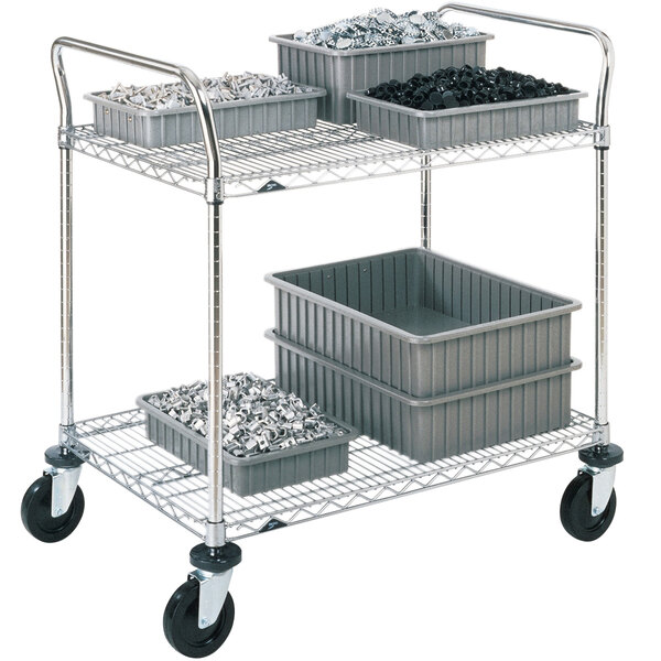 A Metro Super Erecta utility cart with two shelves full of metal containers.