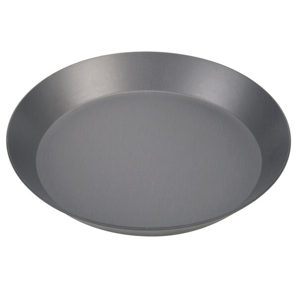 An American Metalcraft hard coat anodized aluminum pizza cutter pan with a black rim.