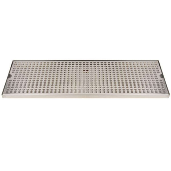 A rectangular stainless steel surface mount drip tray with holes.