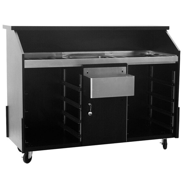 A black and silver Eagle Group Deluxe Portable Bar with locking cabinets and speed rail on wheels.