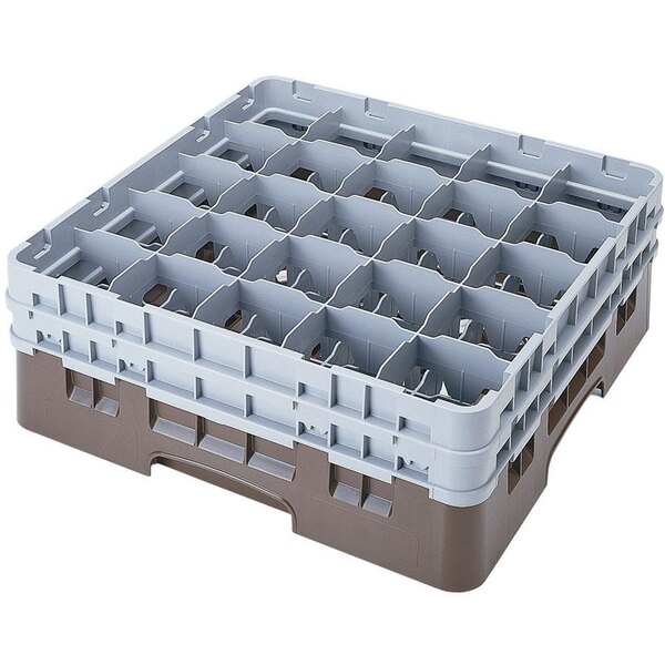 A brown plastic Cambro glass rack with 25 compartments.