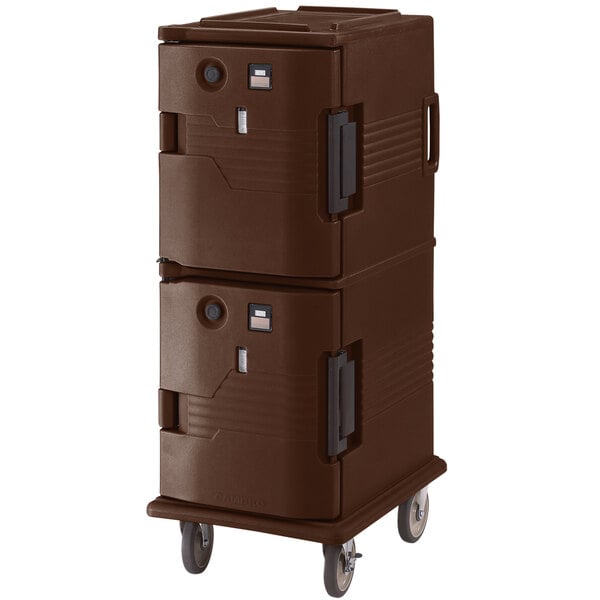 A dark brown plastic Cambro Ultra Camcart with doors on wheels.