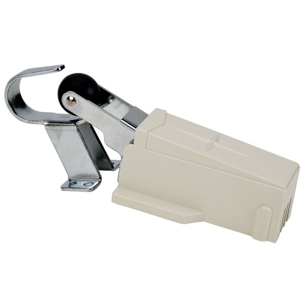 A white and silver hydraulic door closer with a black rubber ball.