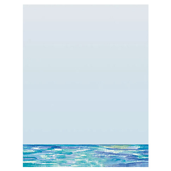 White menu paper with a blue and white watercolor Mediterranean design showing blue ocean and clear sky.