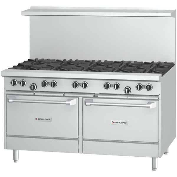 A stainless steel Garland commercial range with 10 burners and 2 ovens.