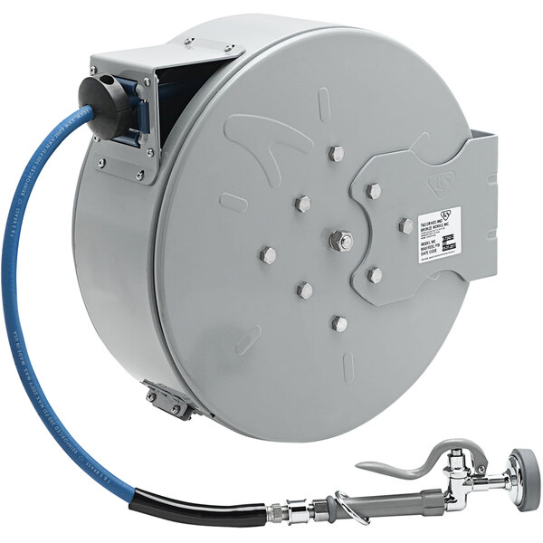 A grey metal T&S hose reel with a blue hose attached.
