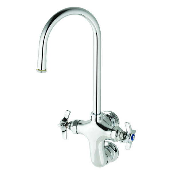A T&S chrome wall mount pantry faucet with a swivel gooseneck nozzle.