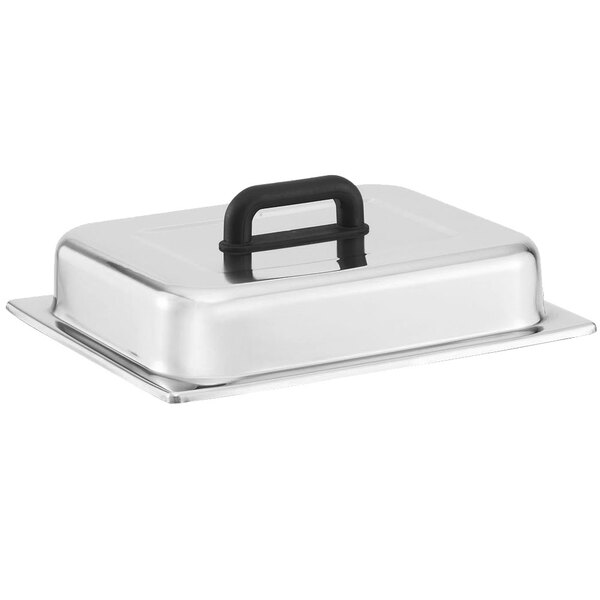 A silver rectangular stainless steel cover with a black handle.