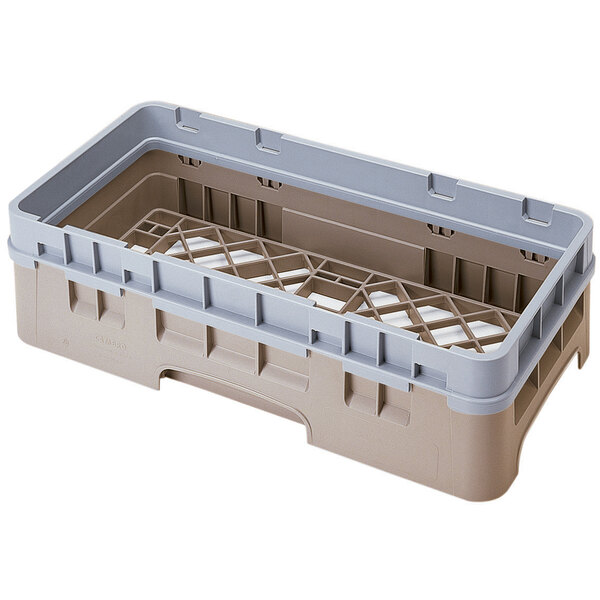 A beige plastic Cambro dish rack with an open base and a grey extender.