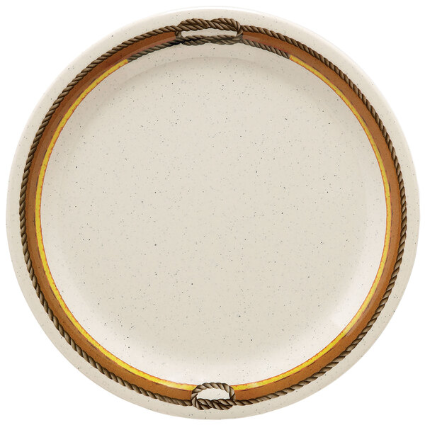 A white GET Diamond Rodeo narrow rim plate with a rope border.