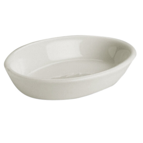 A Hall China deep oval baker dish in white.