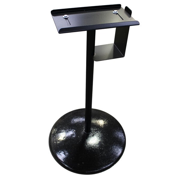 A black metal Marco Company free standing scale holder with a black metal base.