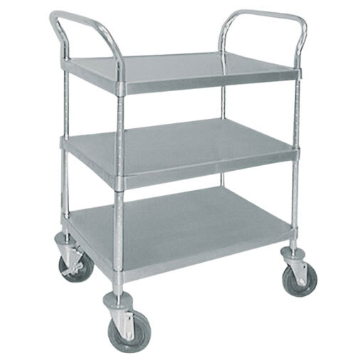 A stainless steel three shelf utility cart with wheels.