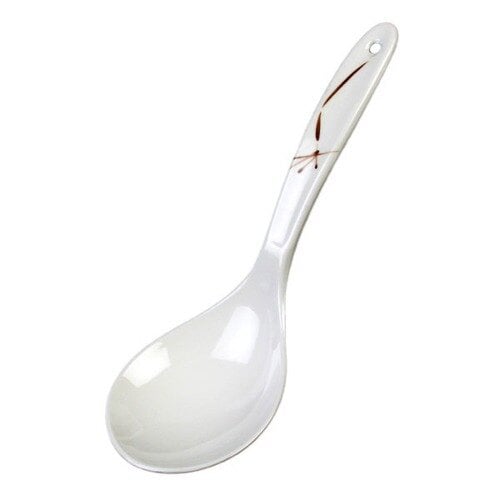 A white ladle with a brown bamboo handle.