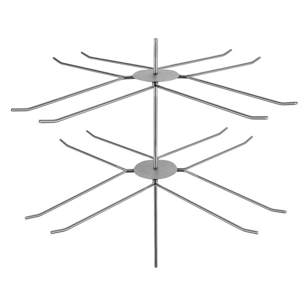 A metal stand with two tiers of six metal rods.