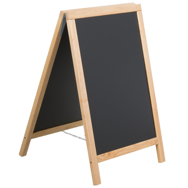 An American Metalcraft Securit A-Frame sign board with a black chalkboard and natural wood frame.