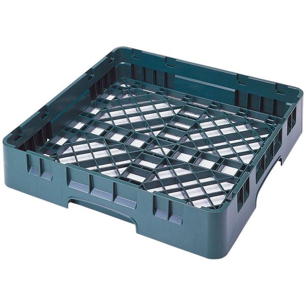 A teal plastic Cambro rack with a grid of holes.