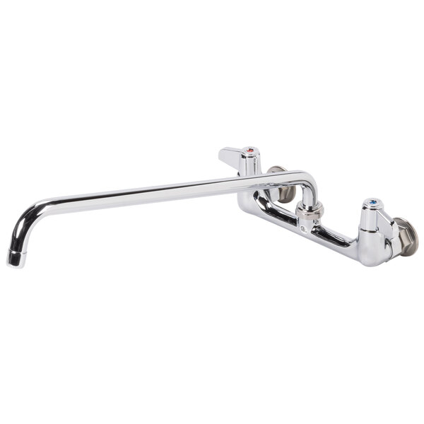 A chrome Equip by T&S wall mounted faucet with lever handles and a swing spout.