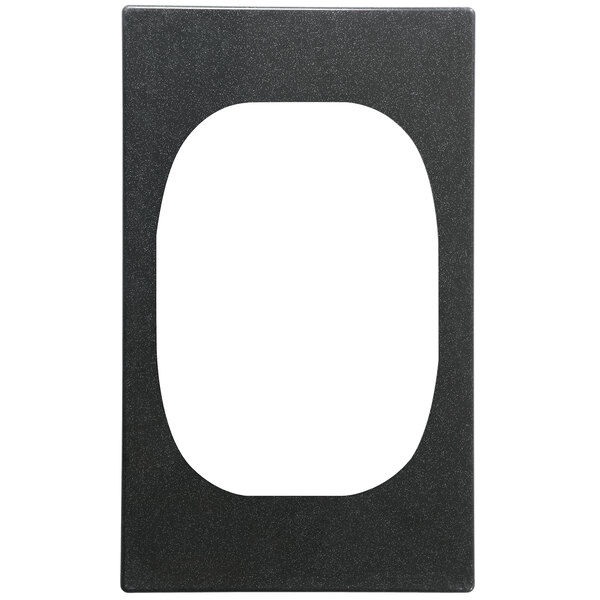 A black rectangular frame with a white oval and circle inside.