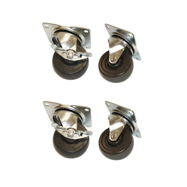 A set of four black and silver True 4" plate casters.