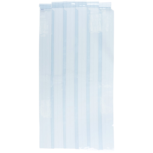 A clear plastic bag with white rectangular strips with blue lines.