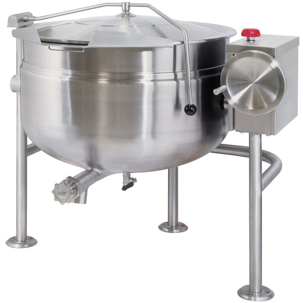 A Cleveland 80 gallon stainless steel tilting steam kettle with a handle.