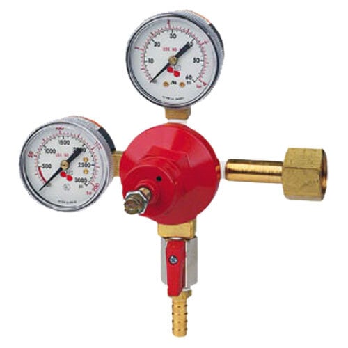 A close-up of a Micro Matic primary CO2 low-pressure regulator with two gauges, one red.