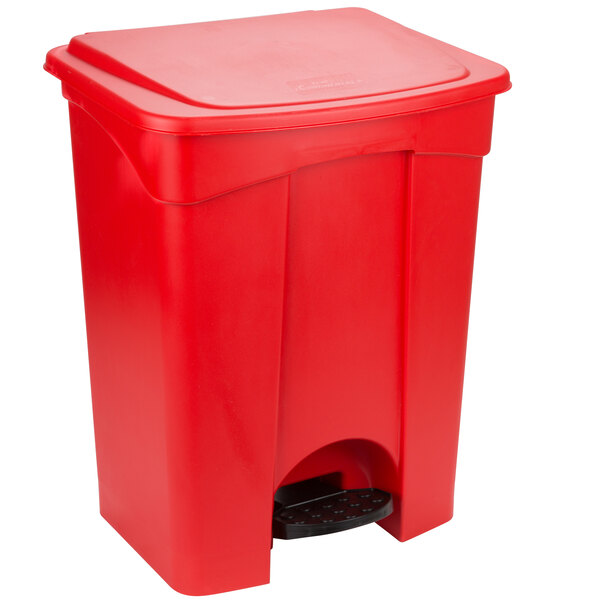 A red Continental rectangular step-on trash can.