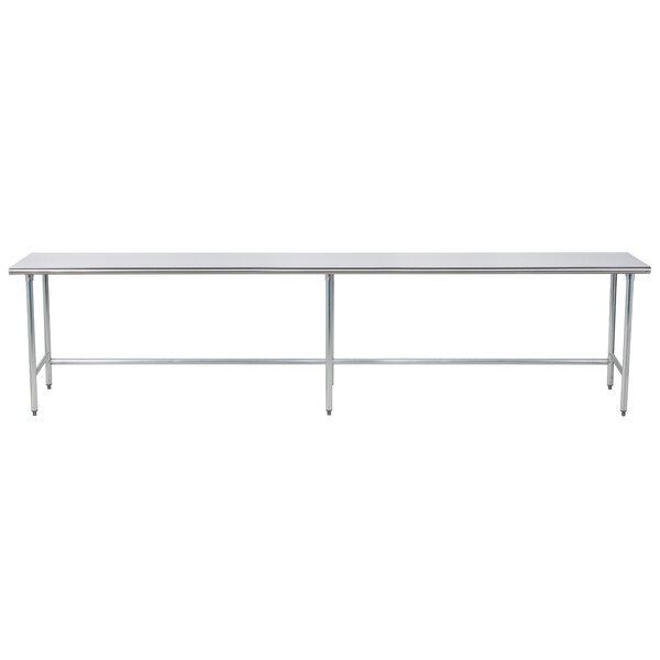 An Advance Tabco stainless steel work table with open metal legs.