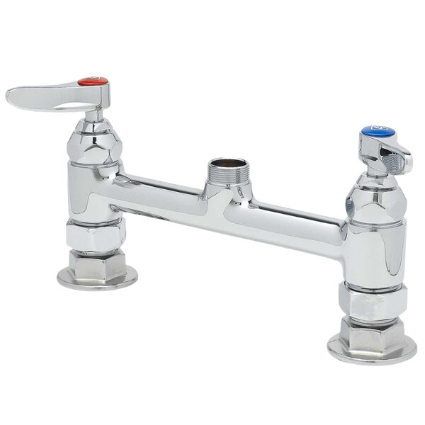 A chrome T&S deck mount faucet base with adjustable centers and two blue handles.
