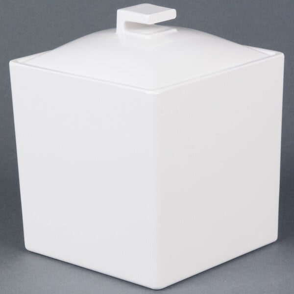A white square Cal-Mil melamine container with a lid.