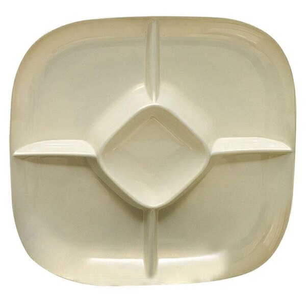 A white square Thunder Group chip and dip platter with four compartments.