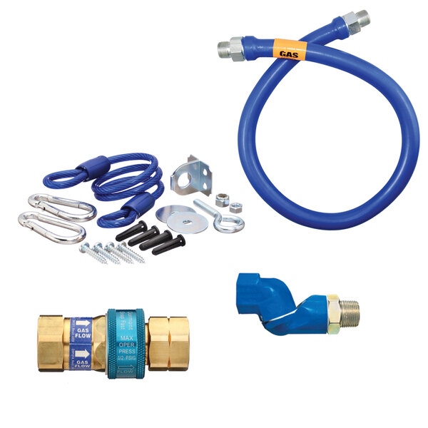A blue Dormont gas connector kit with a hose, swivel, and restraining cable.