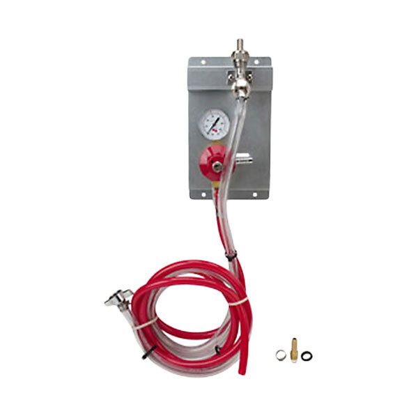 A Micro Matic Secondary CO2 Regulator Panel with a red pressure hose and valve on a wall.