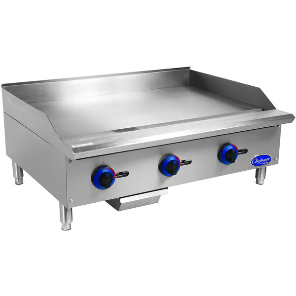 A Globe C36GG Chefmate stainless steel gas griddle on a counter.
