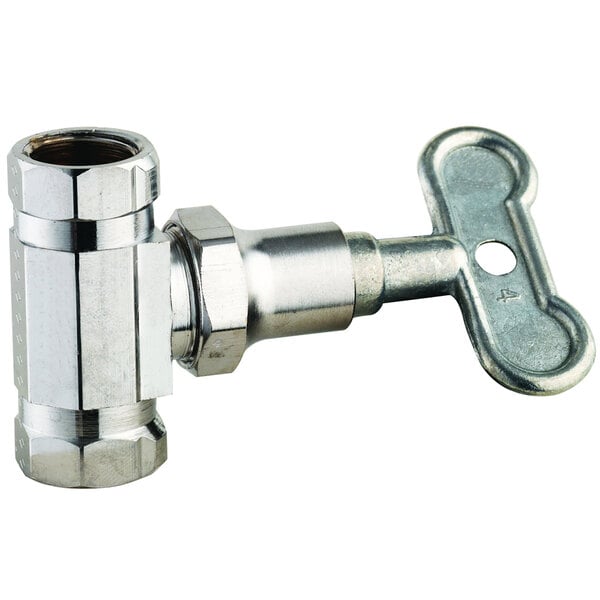 A T&S stainless steel pipe valve with a metal handle.