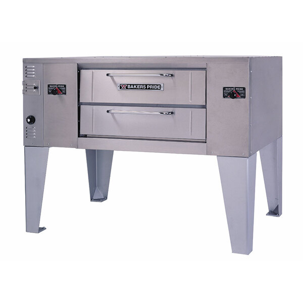 A stainless steel Bakers Pride pizza oven with two doors.