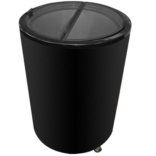 A black cylinder with a glass lid.