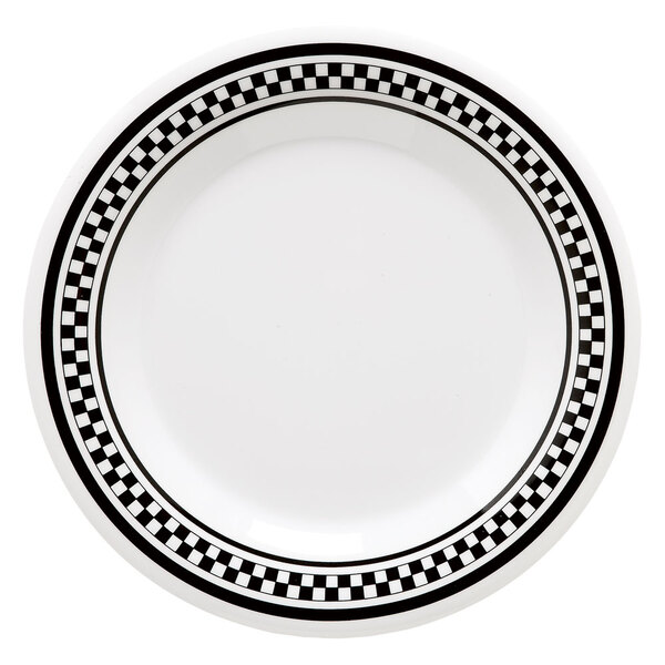 A white GET Diamond Chexers wide rim plate with black and white checkered trim.