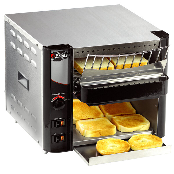 A APW Wyott conveyor toaster toasting bread.