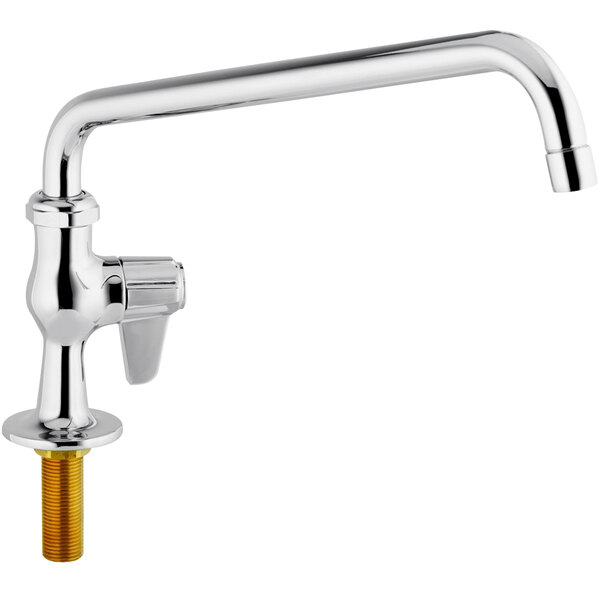 A silver Equip by T&S deck-mount faucet with a gold screw on the handle.