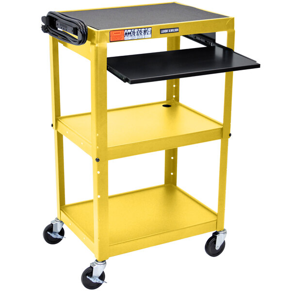 A yellow Luxor mobile computer cart with black shelves.
