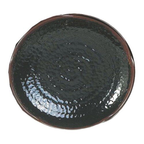 A close-up of a Thunder Group Tenmoku Black Lotus Shaped Melamine Plate with a textured black surface and a brown rim.