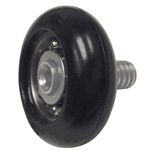 A close-up of a True drawer roller with a black wheel and metal screw.