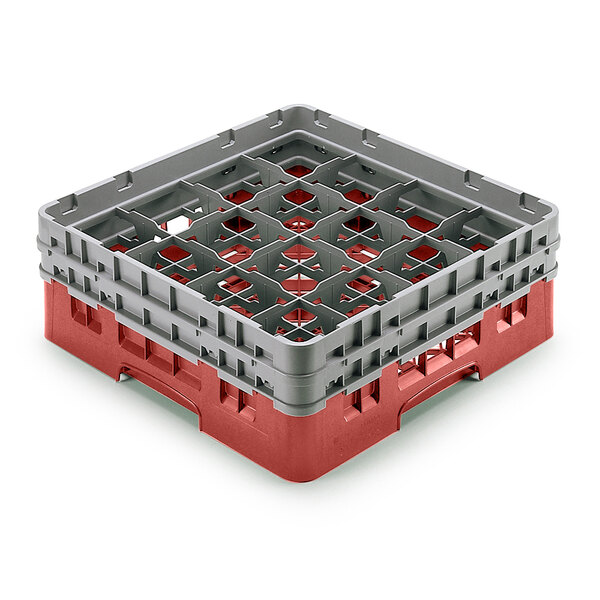 A red and grey plastic Cambro glass rack with extenders.
