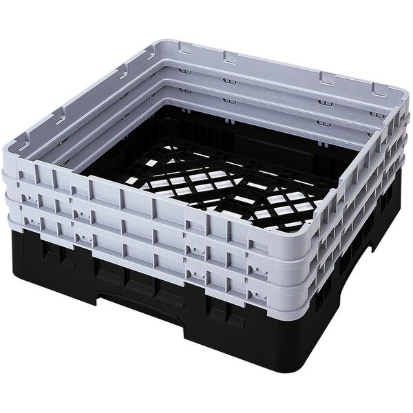 A black plastic Cambro dish rack with closed sides and 3 extenders.