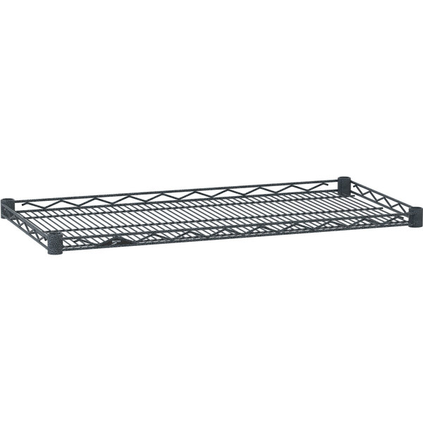 A silver Metro Super Erecta wire shelf with drop mat.