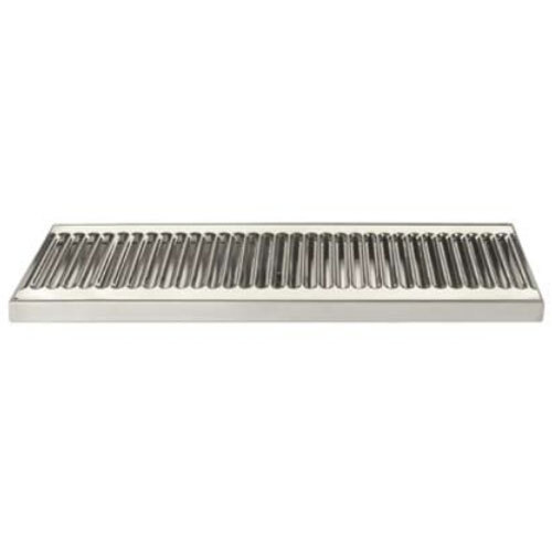 A Micro Matic stainless steel surface mount drip tray with a metal grate and a long drain.
