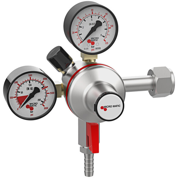 A close-up of the Micro Matic Premium Plus CO2 regulator's double gauge with white backgrounds.