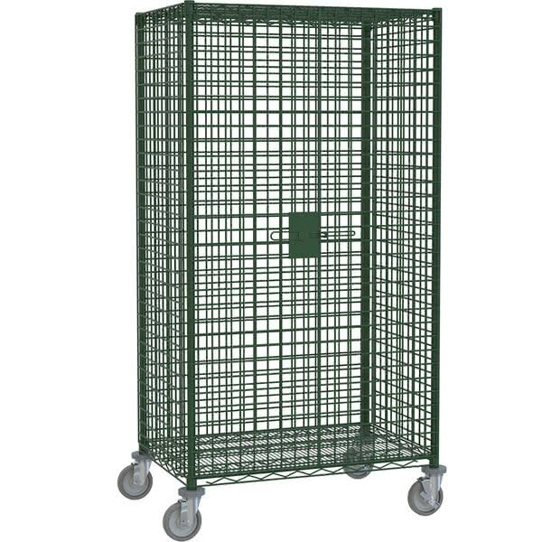 A green wire cage on wheels with a lock.